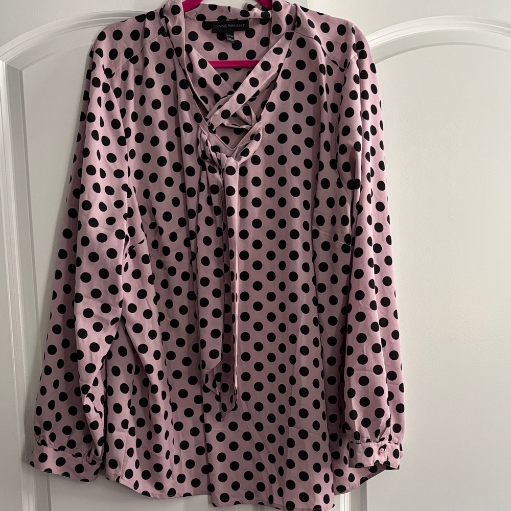 Lane Bryant Pink and Black Polka Dot Tie-Neck Blouse